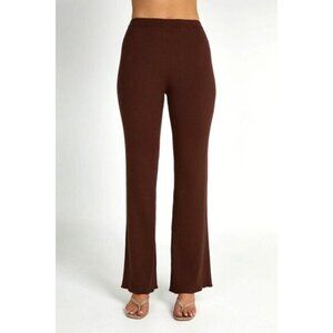 Meshki Womens High Waist Hazelnut  Ribbed Knit Flares Pants M Medium
